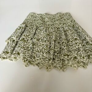 Zara green and cream smocked floral mini skirt